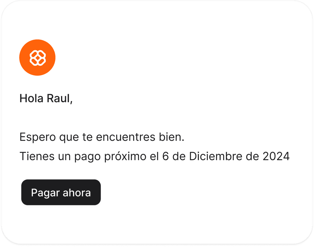Recordatorio de pago enviado a un cliente de Savio